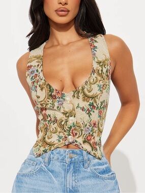 Fashion Nova Best Around Jacquard Vest Top Taupe Floral Tapestry NWOT - Med